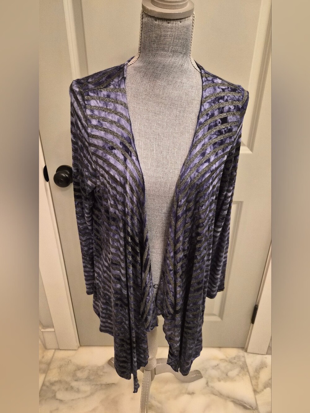 ONE WORLD Open-Front Striped Cardigan - Blue & Black